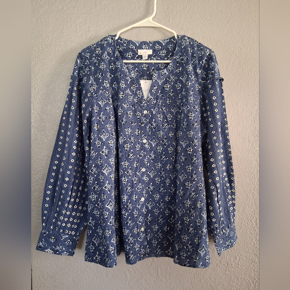 J Jill NWT Button Down 100% Cotton Pearl Button Floral Top L